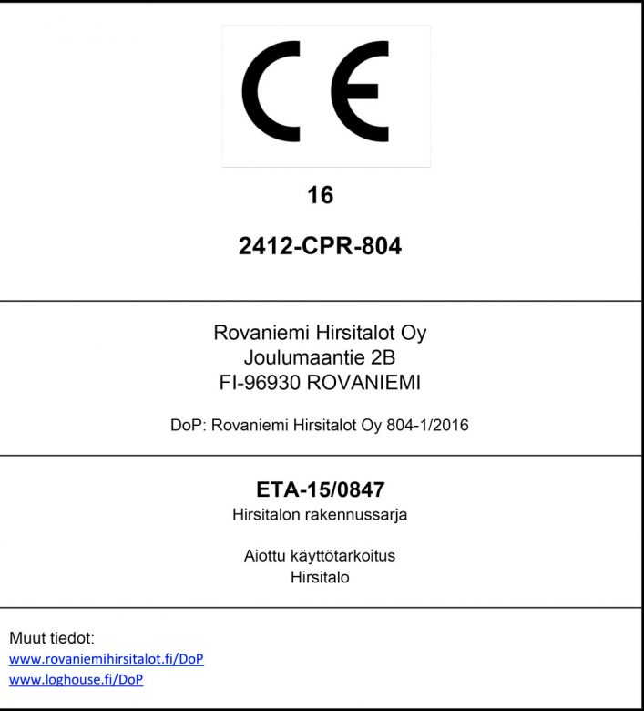 CE certificate for Rovaniemi Log House.