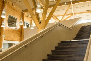 Pudasjärvi Log Campus – Stairs to 2nd floor.